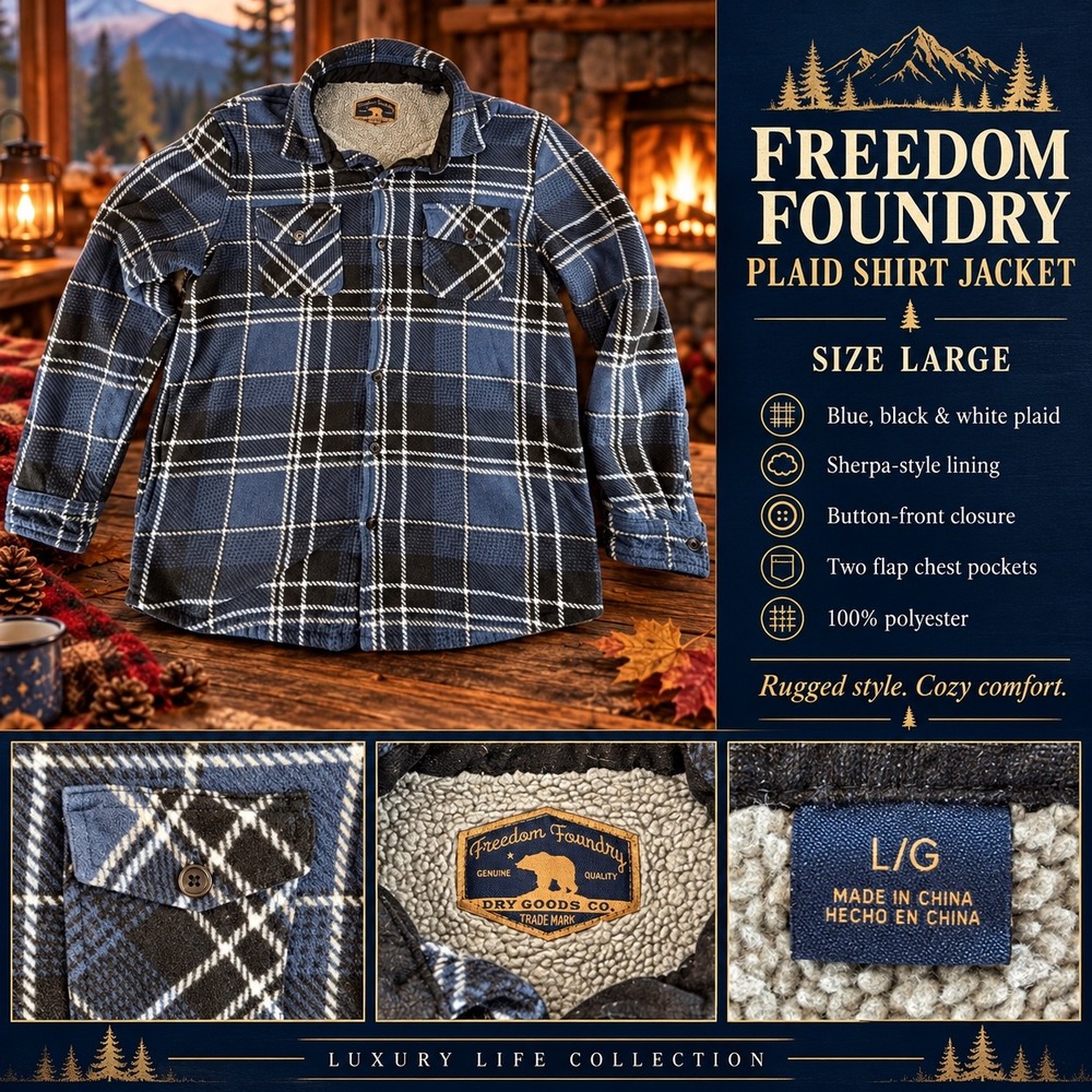 Freedom Foundry Mens Fleece Sherpa Lined Shirt Jacket Blue Black Plaid Large
